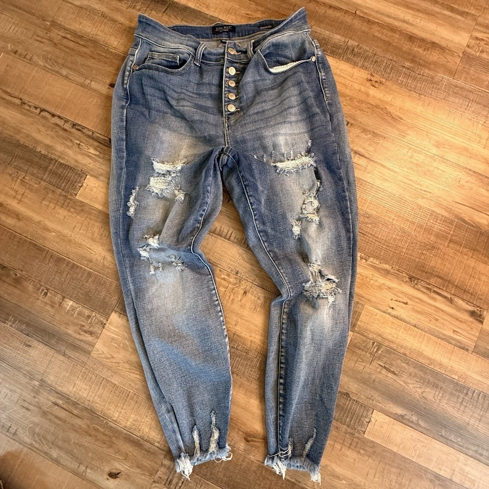 Judy Blue‎ Jeans Womens 14W Blue Distressed  Skinny Fit High Waist Button Fly